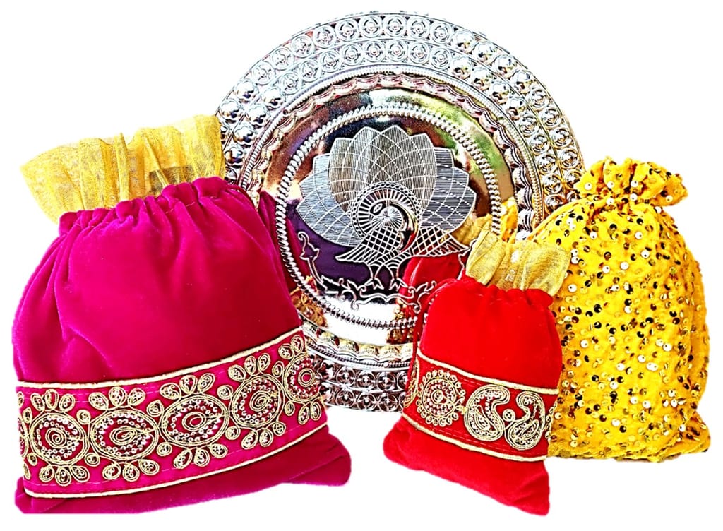 Omkar by R3 Inc. Silver Gift Plate with Assorted size Shagun Potli for Gifts Hampers | Fancy Hamper| Wedding Basket / Pouch for gift Packing (Pack of 4) view 2