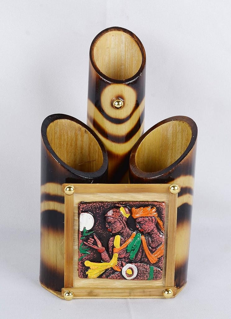 Samyak Bamboo Wooden Polished Pen/Pencil/Marker Desk Stand & Flower Vase With Terracotta Radha Krishna Design For Office/Home & Study Table Organizer.