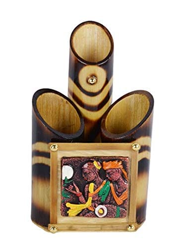 Samyak Bamboo Wooden Polished Pen/Pencil/Marker Desk Stand & Flower Vase With Terracotta Radha Krishna Design For Office/Home & Study Table Organizer. view 2
