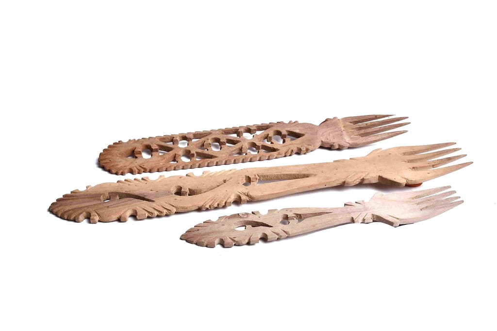 Set of 3 Hand Carved Wooden Salad Fork Servers