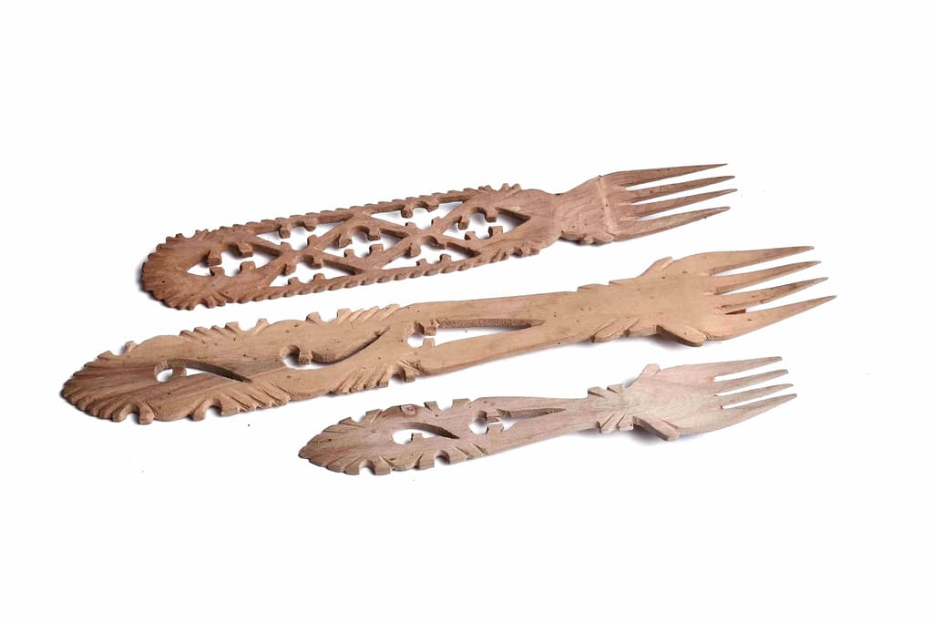 Set of 3 Hand Carved Wooden Salad Fork Servers view 2