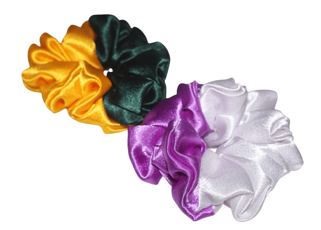 Satin Hair Scrunchies Set - Yellow, Green, Purple & White view 2
