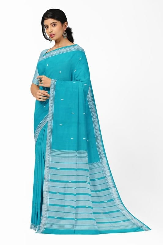 APCO Handloom (A Andhra Pradesh Govt Emporium)- Women's Traditional Pure Handloom Bandar/Polavaram Blue Cotton Saree | PBS0019 view 2