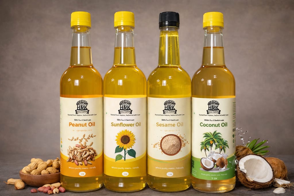 Healthy Oil Combo Pack (Groundnut + Sunflower + Coconut + Sesame Oil | 1L Each | Wood Pressed | HRK Farms) view 2