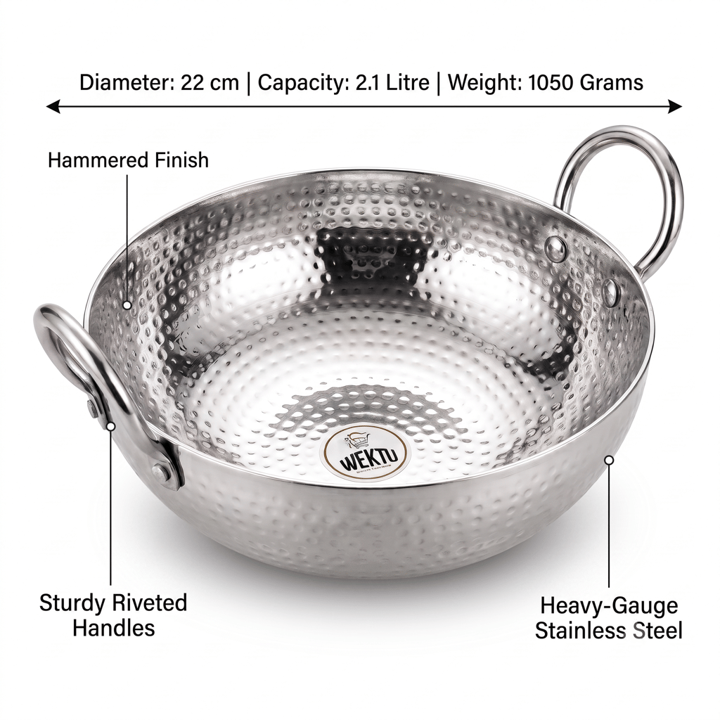 WEKTU Premium Stainless Steel Hammered Kadhai – Heavy Gauge Mathar Kadhai with Sturdy Riveted Stainless Steel Loop Handles | Mirror Finish Cook & Serve Deep Kadhai for Home & Kitchen view 2