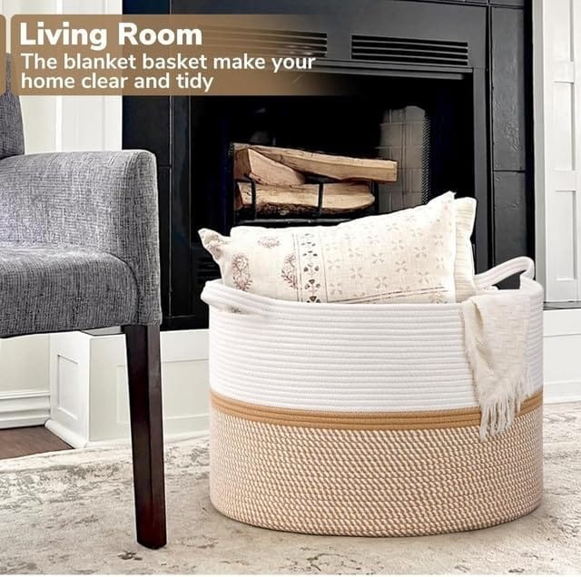 Generic Cotton Dori 16x14 Inch Storage Basket For Clothes With Out Lid (White-Beige-White)-PID66466 view 2