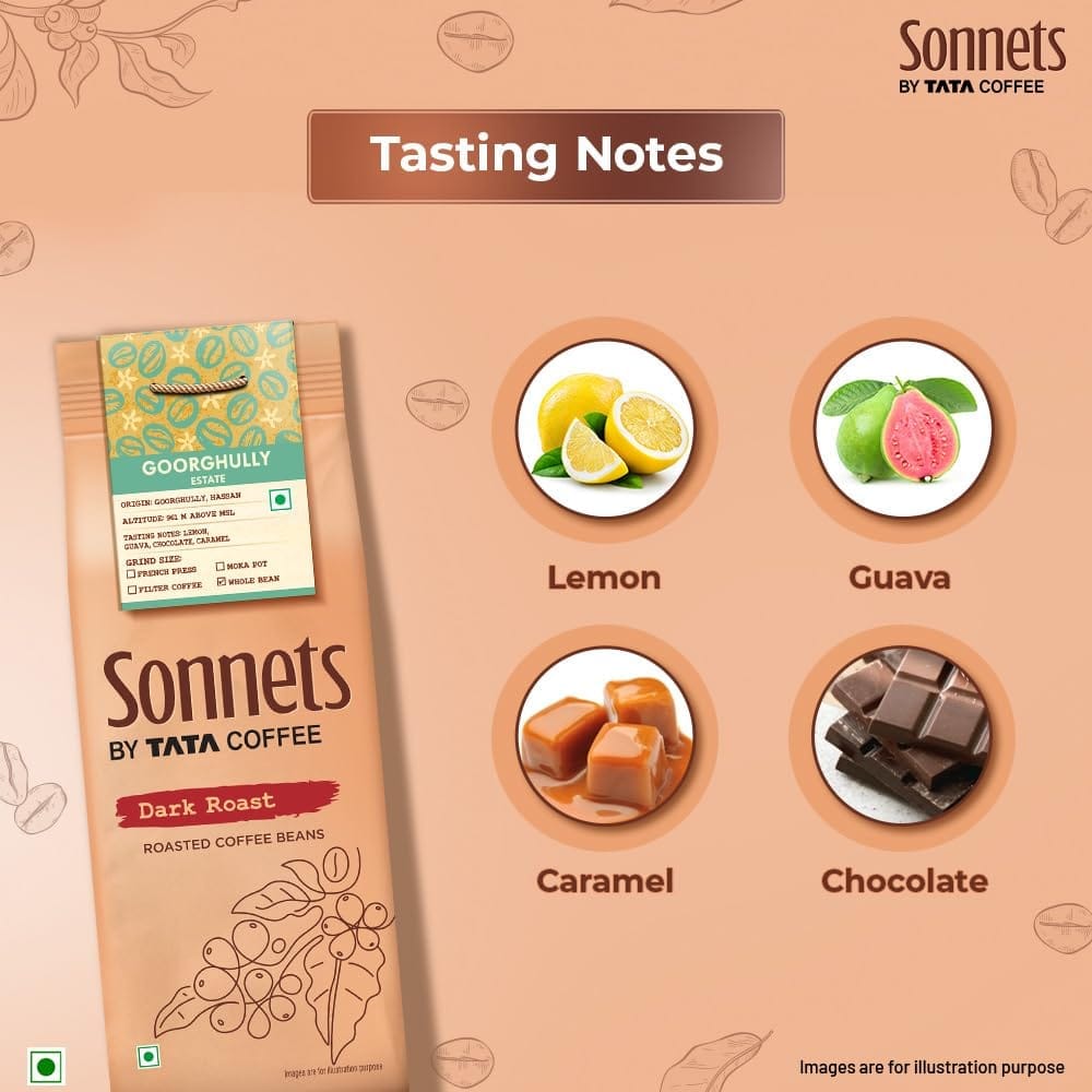 Sonnets by Tata Coffee, Whole Bean, Dark Roast Arabica Coffee, 250g, Grown in Goorghully Estate with Tasting Notes of Lemon, Guava, Chocolate & Caramel view 2