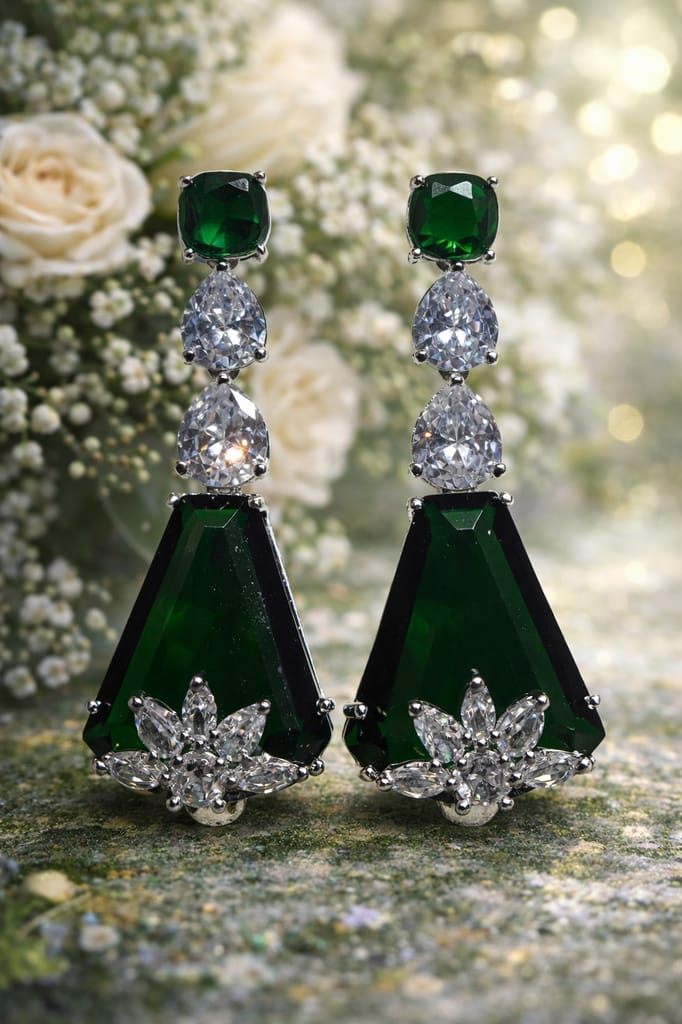 ✨Sliver Plated Green and White Stone Geomatric Earrings ✨ view 2