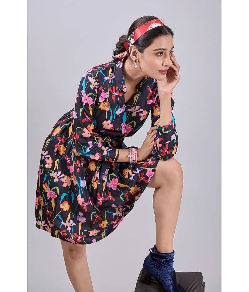 Amarasha Women Crepe Printed Fit & Flare Dress ( Black ) view 2