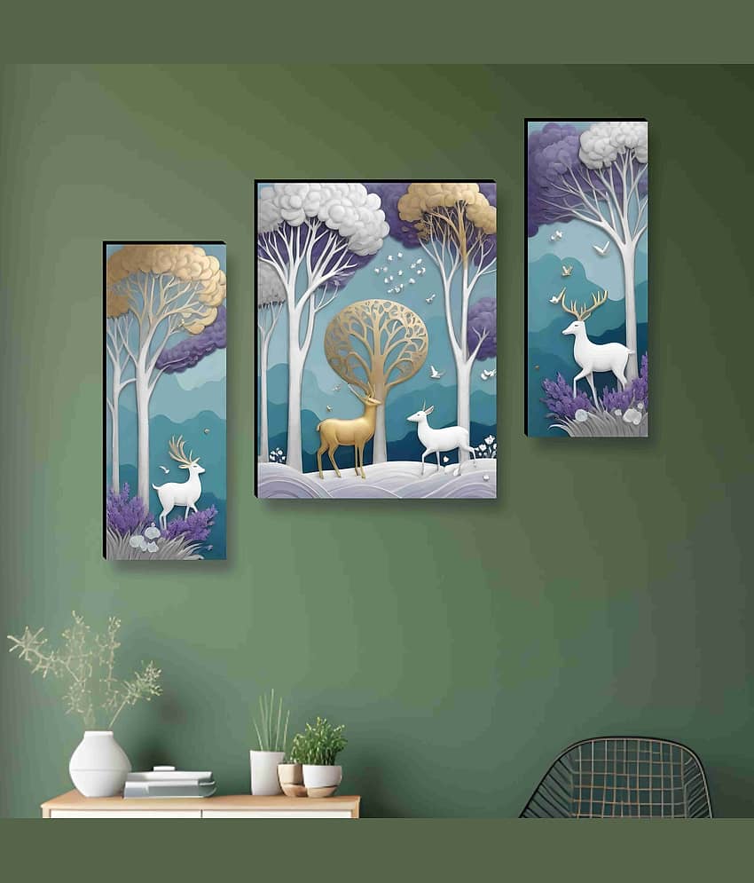 SAF Golden Deer Forest Wall Art – 3 Panel Luxury Tree & Animal Painting in Purple-Teal Tones for Bedroom & Nature-Themed Home Décor 12 Inch x 20 Inch view 2