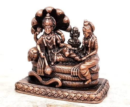 Searchers Paradise - Copper Idols God Vishnu Along with Mahalakshmi Lying in Adisesha,2.1 inches, Copper Handmade 250 Grams, Patina Antique Finish, Pack of 1 Piece view 2