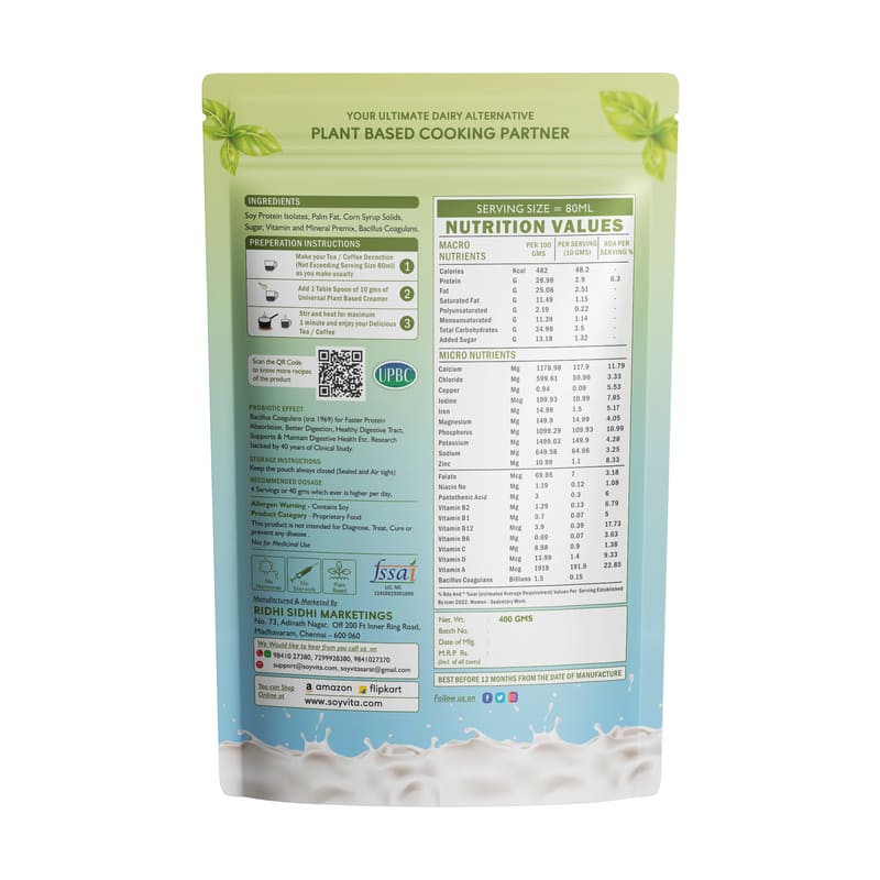 Soyvita - Universal Plant Based Creamer With Probiotics, Non Dairy 400 Gms (Serves - 40) view 2