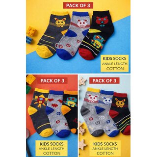 Kids Cotton Ankle Socks Pack of 3 Super Soft Comfortable Cute Cartoon Designs view 2