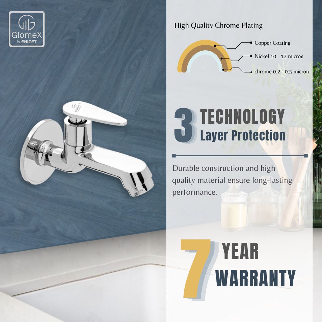 Enicet Brass Bib Tap With Wall Flange, Tap for Bathroom, Chrome Plated view 2