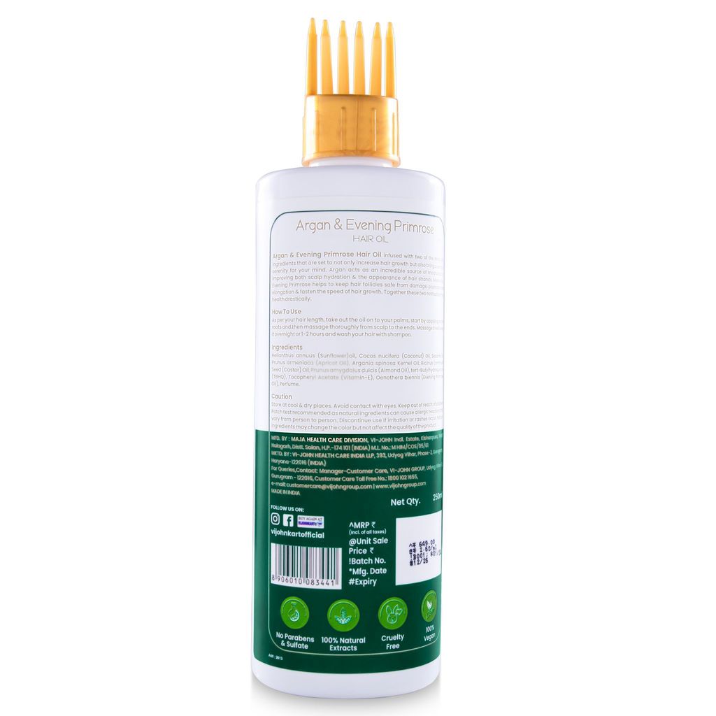 VI-JOHN Prakritik Argan & Evening Primrose Hair Oil for Men & Women | 250ml | Controls Dandruff | Stronger Hair | 100% Natural Bio Actives | Cruelty-free | Paraben Free | Vegan | Dermatologist Approved | All Hair Types view 2