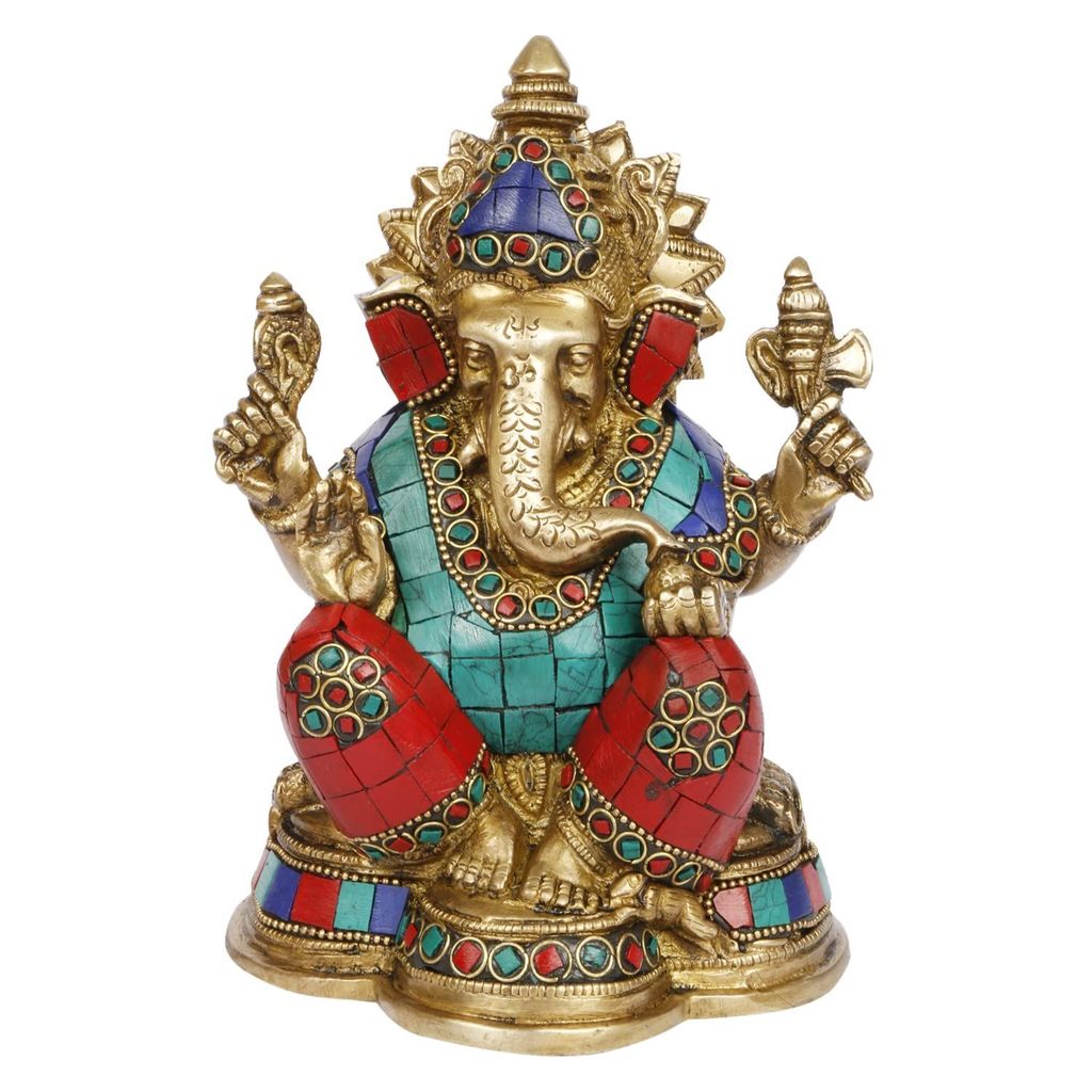 ARTVARKO Brass Sitting Ganesha with Multicolor Stone Handwork Ganpati Idol for Gift Ganesh Big Size Murti Home Decor Shop Entrance Height 6.5 Inches view 2
