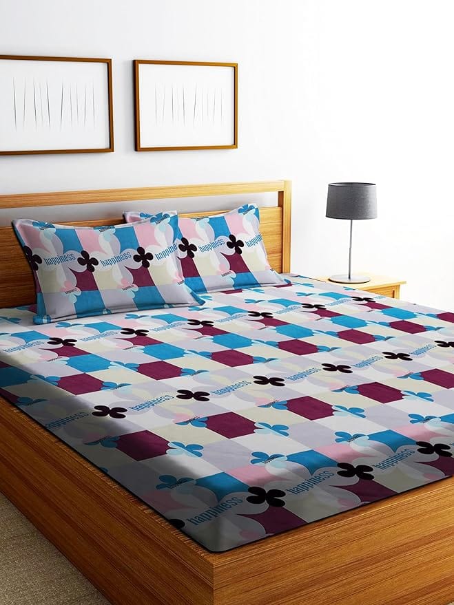 Happiness Printed Polyester Double Bedsheet with 2 Pillow Covers - Blue view 2