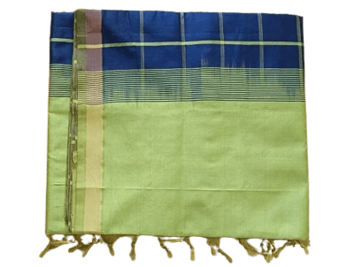 Green and Blue Checked Saree With Tassels view 2