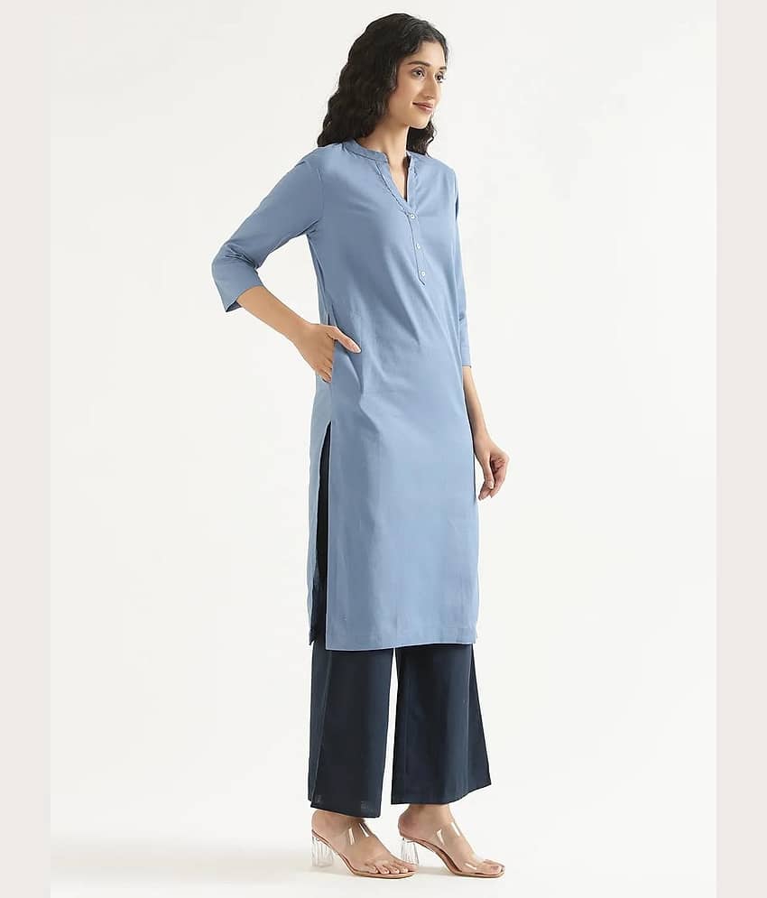 AMIRA'S INDIAN ETHNICWEAR Women Cotton Flex Solid Straight Kurti ( Blue ) view 2
