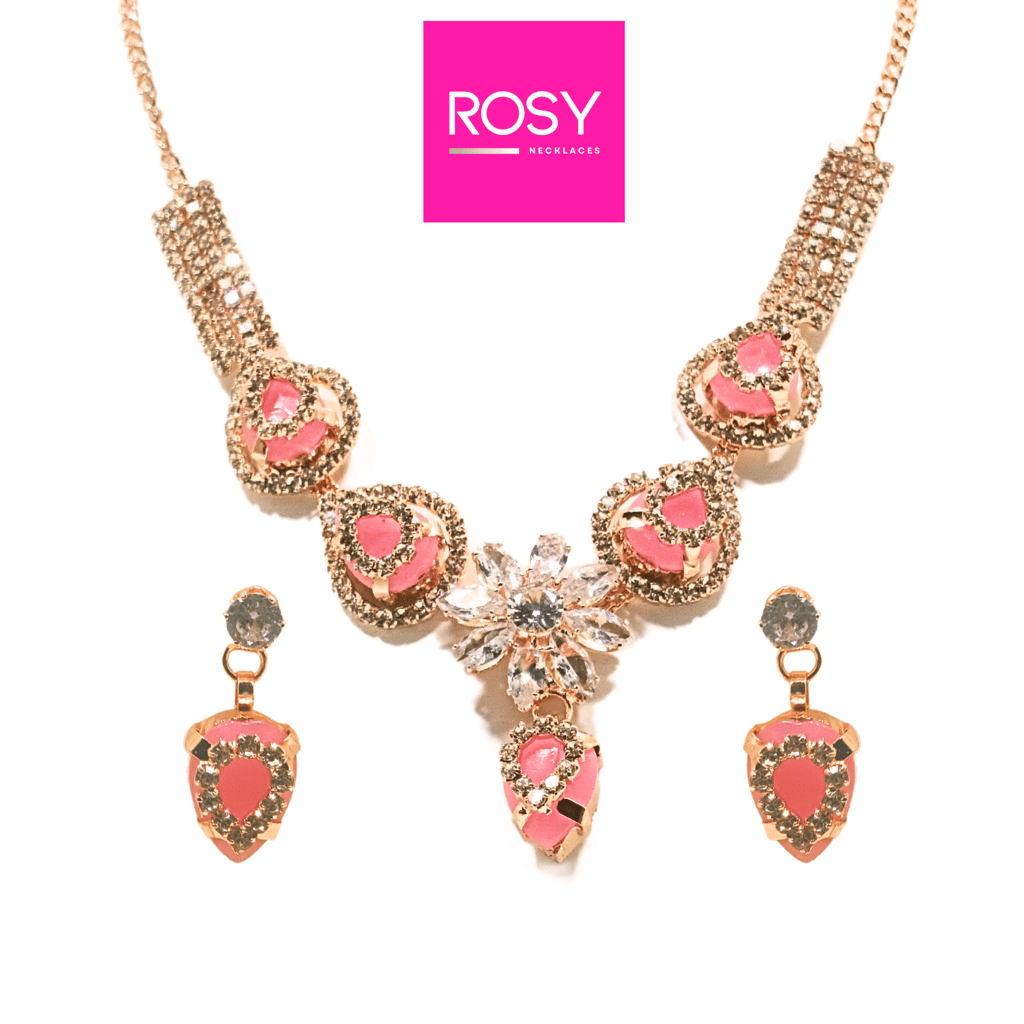 ROSY Handcrafted Rose Gold Plated Heart Pendant Necklace Set with Matching Earrings | American Diamonds | Pink Accents view 2