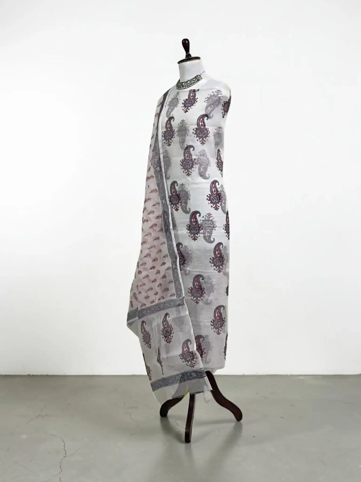 Handwoven Kota Doria Cotton Dress Material with Paisley Buti, Brick Red view 2