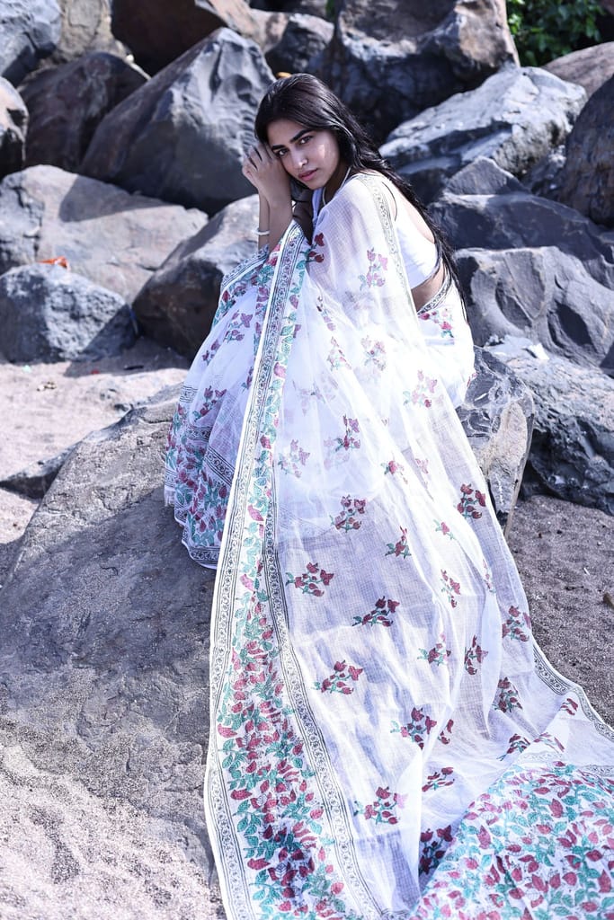 Kaisori Bagh Bouganvillea Kota blockprinted silk cotton saree view 2
