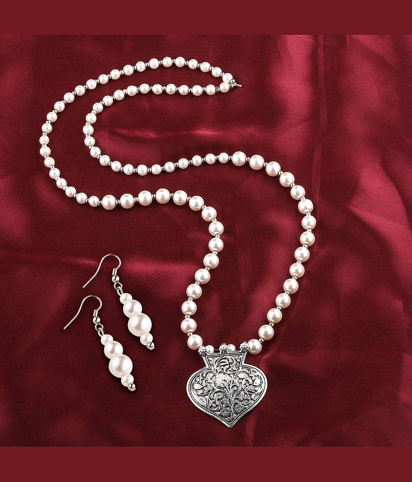 SILVERSHINE silverplated Designer Traditional Spade Shape pendant Long Pearl Necklace set for women Jewellery set view 2