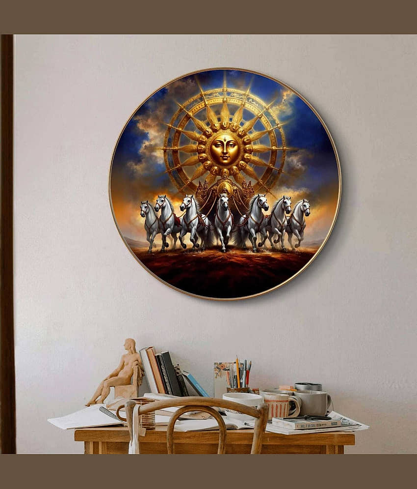 Livin'luxe paintings Surya dev with 7 Running horses Wall Painting with Frame - Sparkle Glossy Round Golden Framed Large Painting for Office view 2