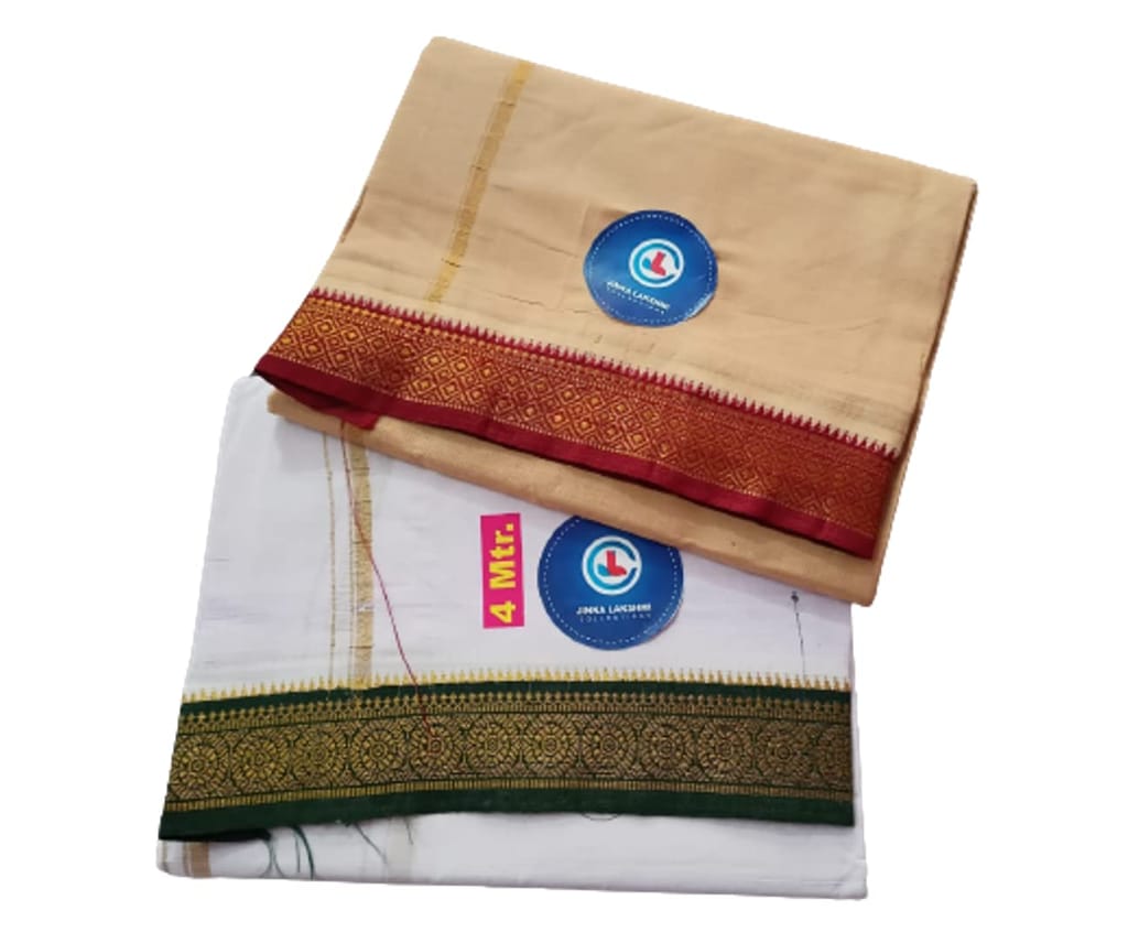 Jinka Lakshmi Collections 100% Handloom Cotton Dhoti With Zari Border Up and Down 4 Meters Unstitched Pack of 2 (Multicolor-4) view 2