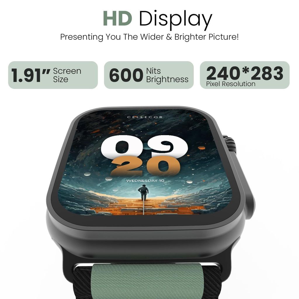 CELLECOR M4 Rush 1.91" HD Display | 600 NITS | AOD | BT-Calling | AI Voice | IP67 | Rotating Crown | SmartWatch (Garnish Black Green) view 2