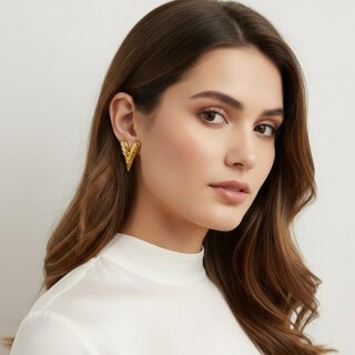 18k Gold Plated Stud Earring (Hammered V Shape Stud Earrings) view 2