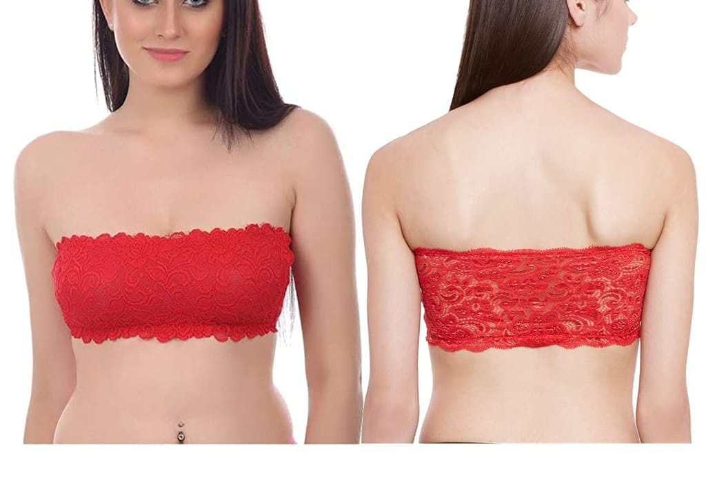 FooFaa Pack of 2 - Lace Net Padded Non-Wired Tube Bra with Cotton Lining Detachable Straps for Women - Fits 28" to 34" Bust