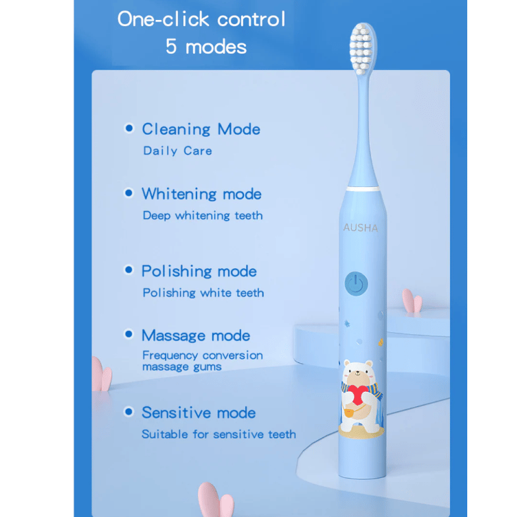 AUSHA Kids Sonic Electric Toothbrush Blue Bear, 5 Modes, 2-Min Timer, USB, IPX7, 4 Soft DuPont Heads view 2