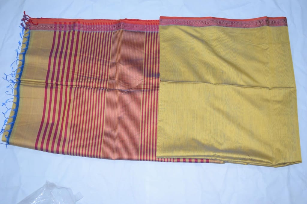 TULIP Traditional Cotton Saree, Yellow with Orange Border, Red Striped Pallu, Tassels, Handloom Style view 2