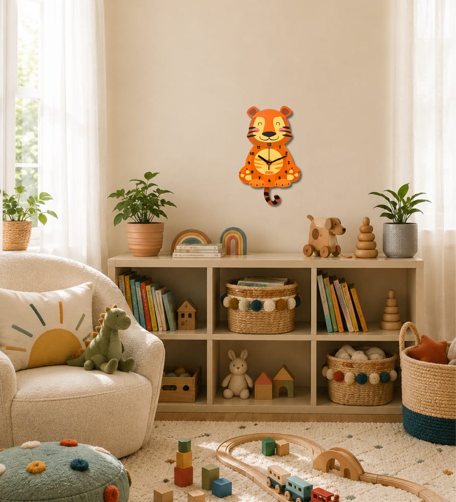 LOLAC Leo Tiger Wooden Pendulum Wall Clock for Kids, 5+ Years view 2
