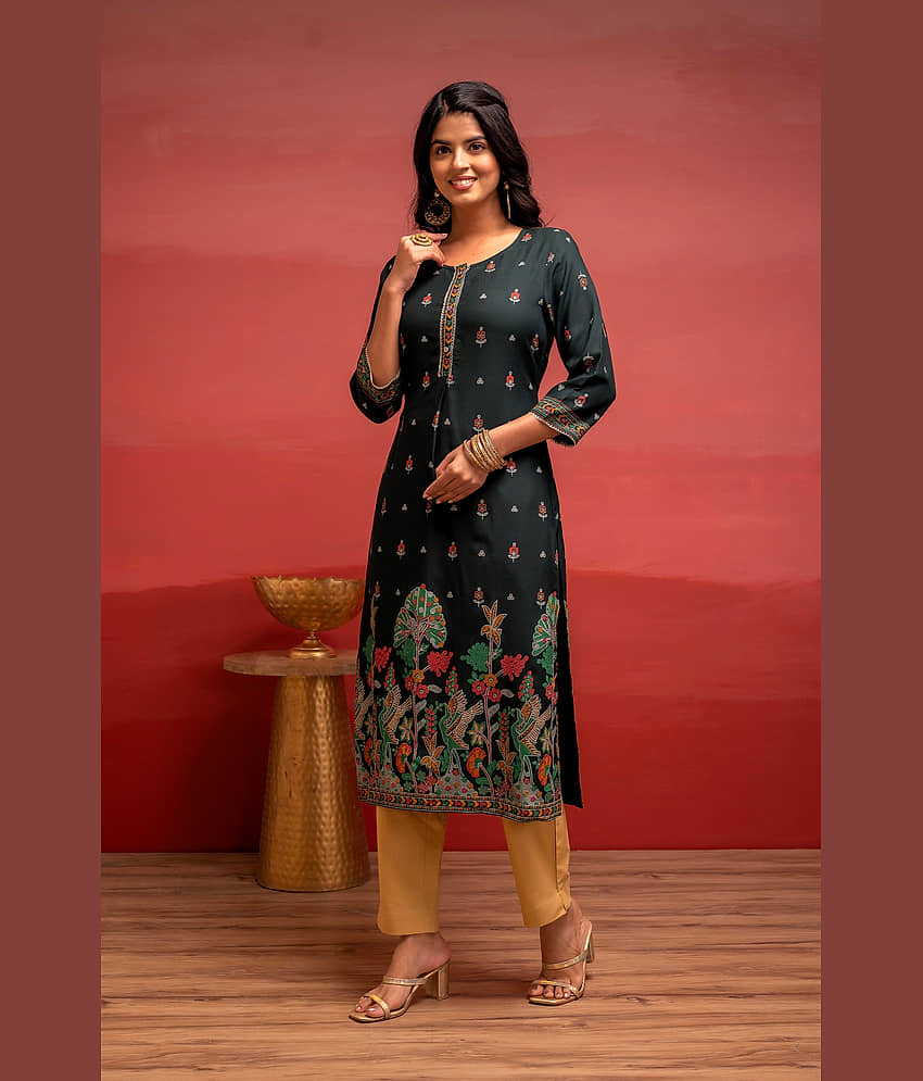 Juniper Women Viscose Embroidered Straight Kurti ( Green ) view 2