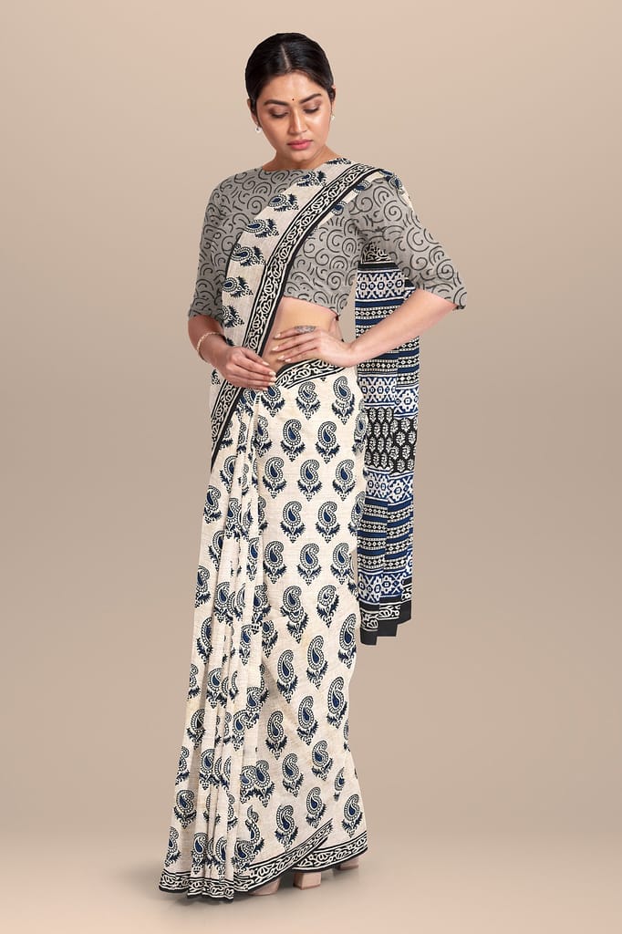 Ivory Color Carry Motif Hand Block Print Malmal Cotton Saree SKU-AS10072 view 2
