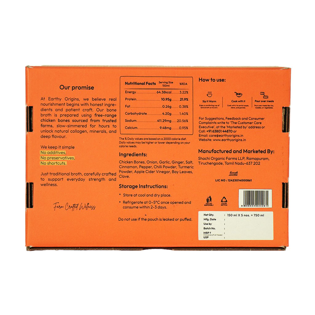 Earthy Origins Chicken Bone Broth for Humans | Ready-to-Drink | High Collagen Protein | 18-Hour Slow Simmered | 5 × 150ml view 2