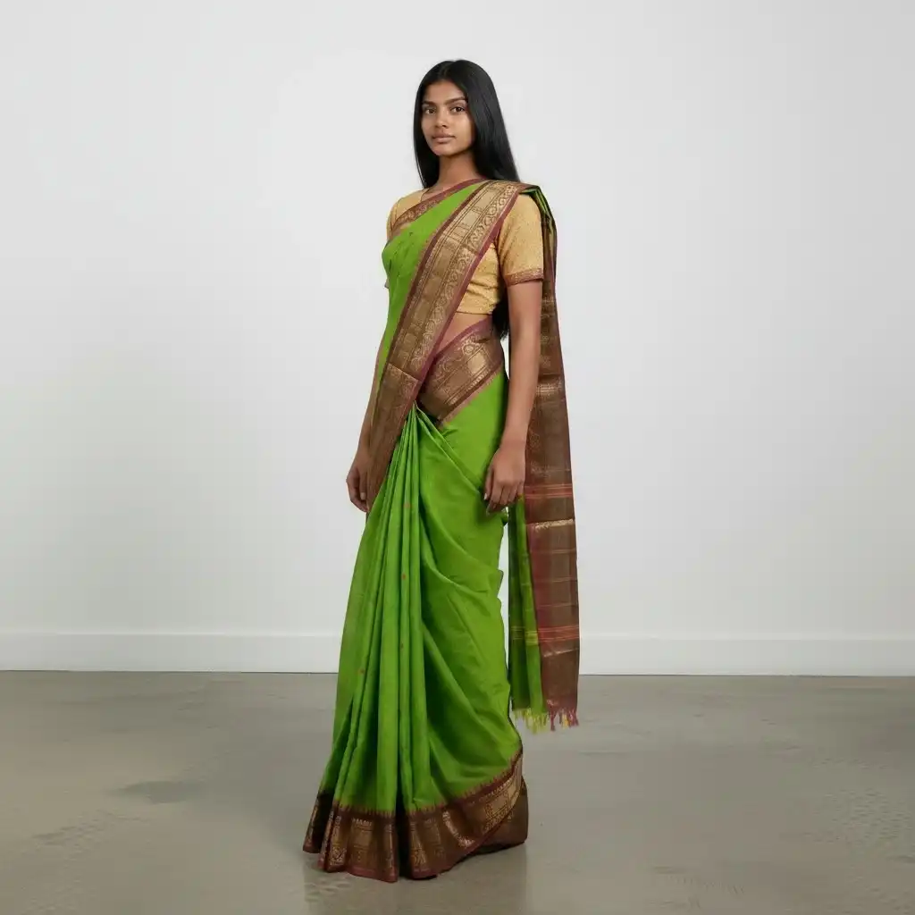 Kanchipuram Cotton Saree in Parrot Green with Maroon Zari Border view 2