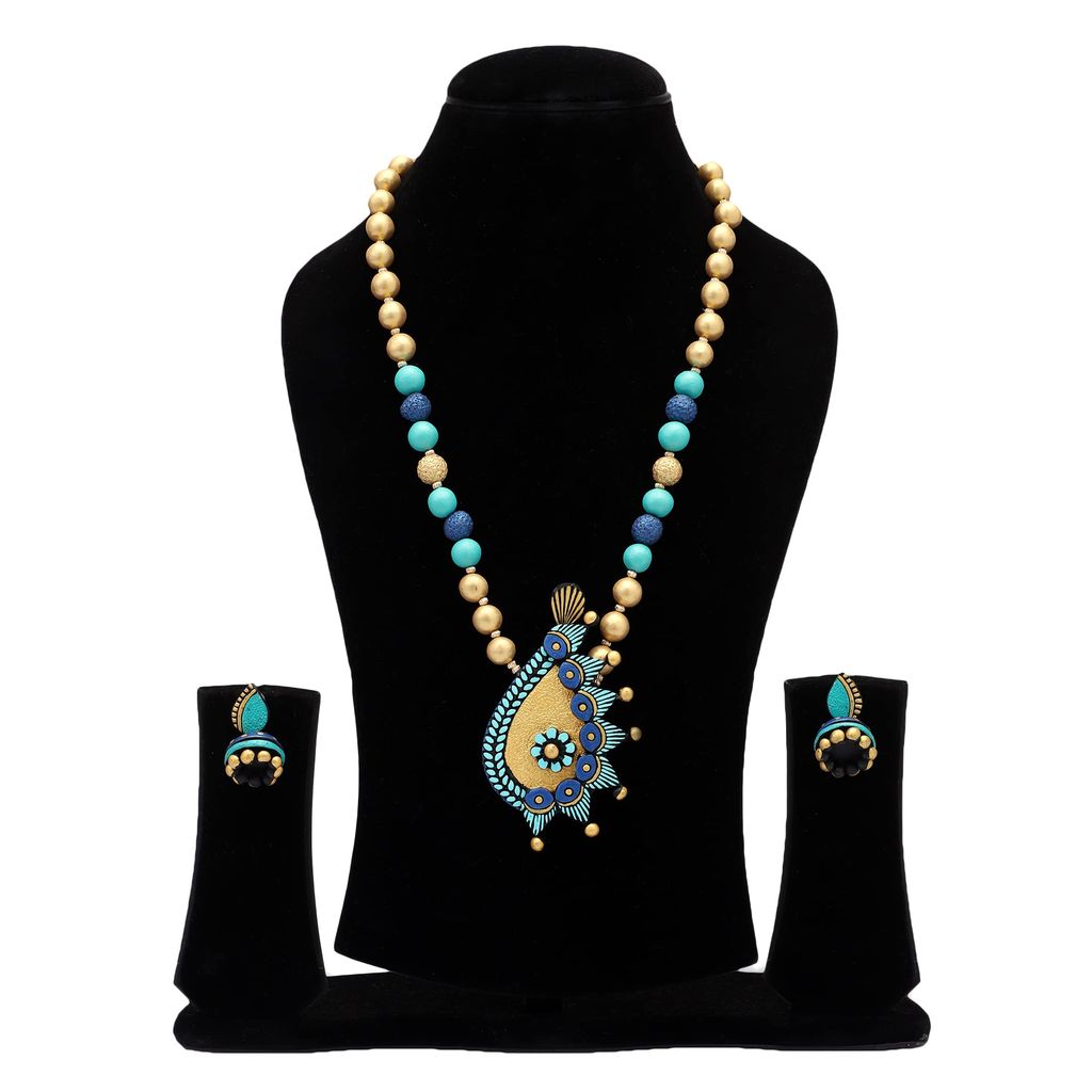 Le bijouxistic EKAM EK Gold and blue pendent design necklace set with earrings for women view 2