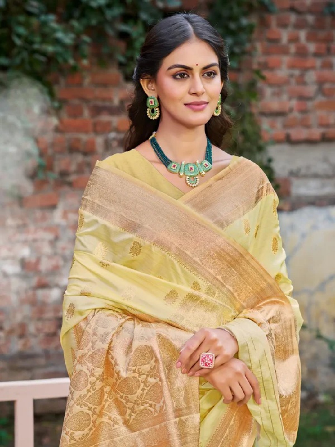 Lime Yellow Silk Saree view 2