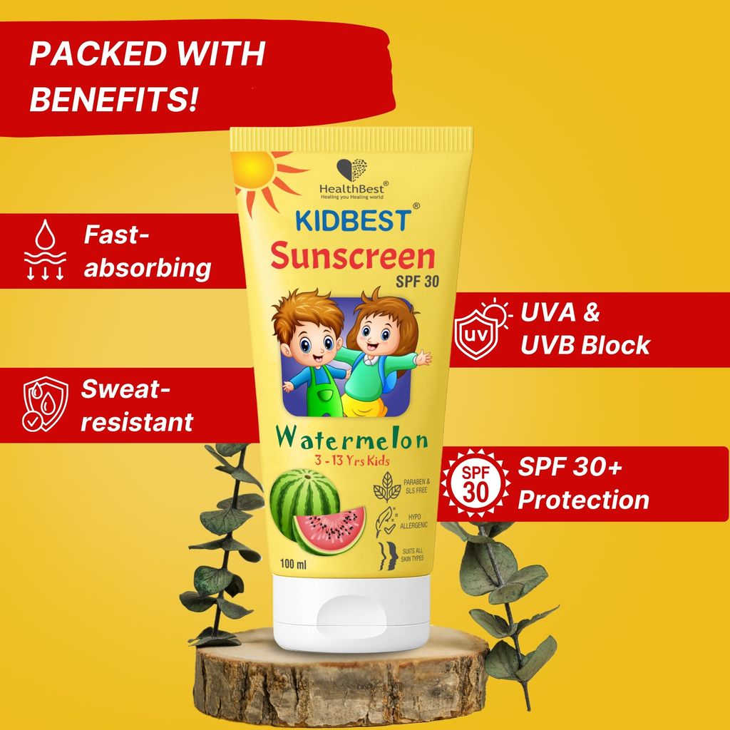 Healthbest Kids Sunscreen SPF 30, PA+++, Tested 100 ml - Cooling Watermelon, Boosts Vitamin D Absorption, Prevents Tanning, Vegan Hydrates All Skin Types view 2