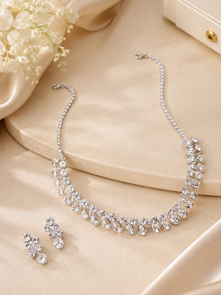 Silver-Plated Crystal Teardrop Necklace and Earring Set view 2