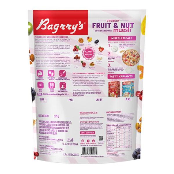 Bagrry's Crunchy Fruit and Nut with Cranberries Muesli 375 Gms view 2