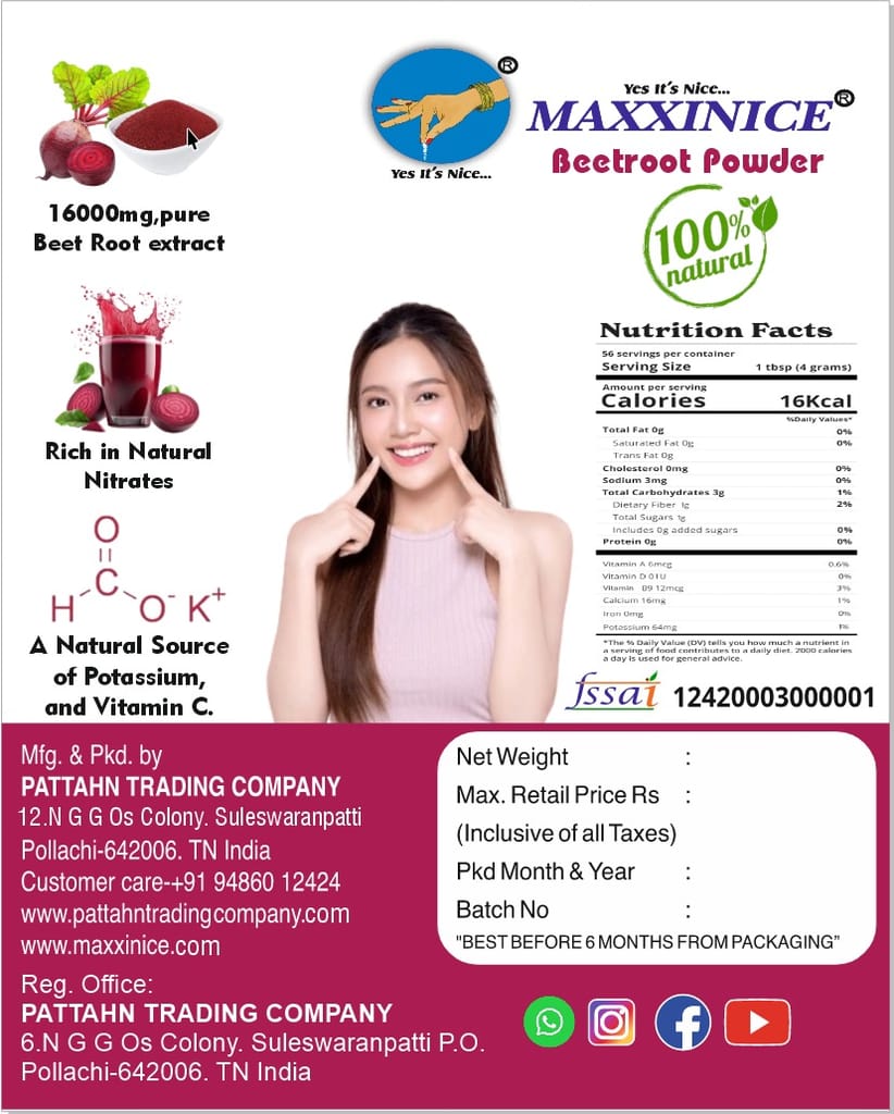 MAXXINICE Beetroot Powder - Rich in Nitrates, Vitamin C, Iron, Fiber, Folic Acid, Antioxidants view 2