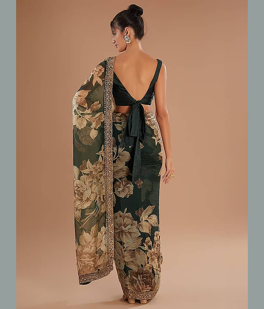 BLEESBURY Organza Printed Saree With Unstitched Blouse Piece ( Green ) view 2
