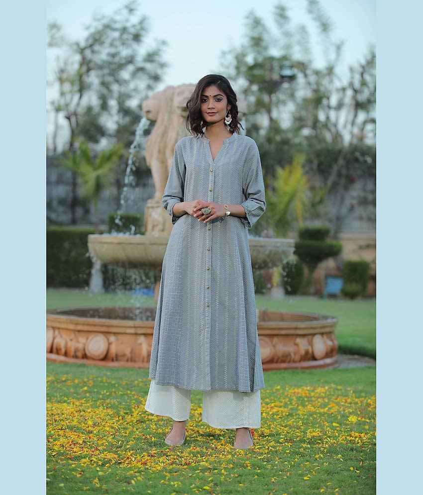 Juniper Pack of 1 Cotton Blend Self Design A-line Women's Kurti - ( Light Grey )