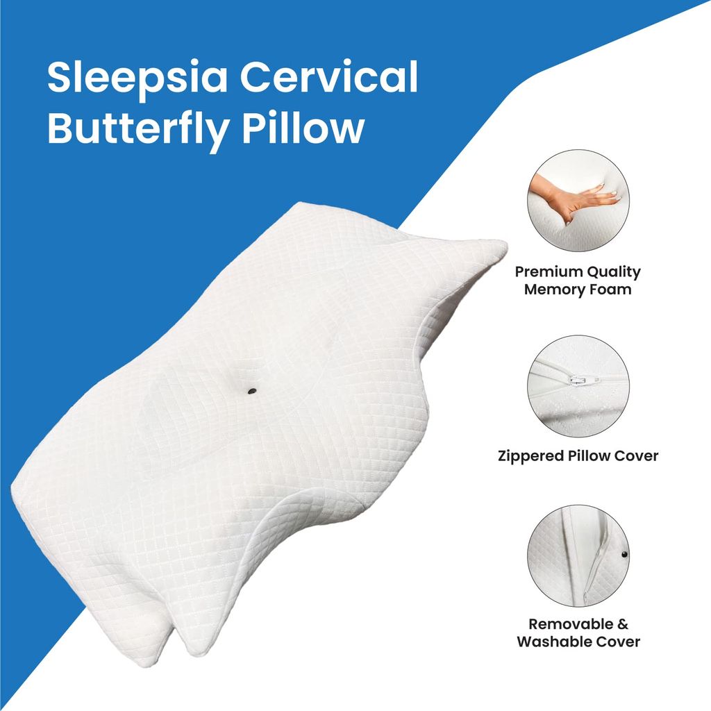Sleepsia Butterfly Memory Foam Contour Size Cervical Orthopedic Bed Pillow for Sleeping, Butterfly Shape Pillow, Neck, Pain Relief & Back Support - Cervical Bed Pillow (White, pack of 1) view 2
