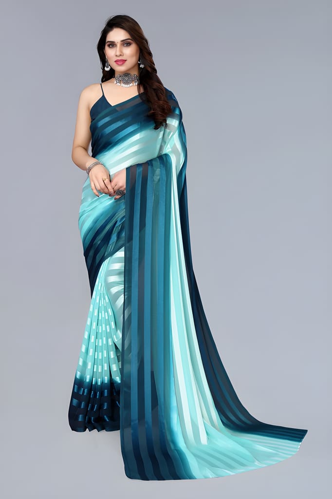 Women's Sky Blue & Navy Blue Organza Striped Saree with Unstitched Blouse Piece | Lightweight Designer Party Wear, Festive & Wedding Saree view 2