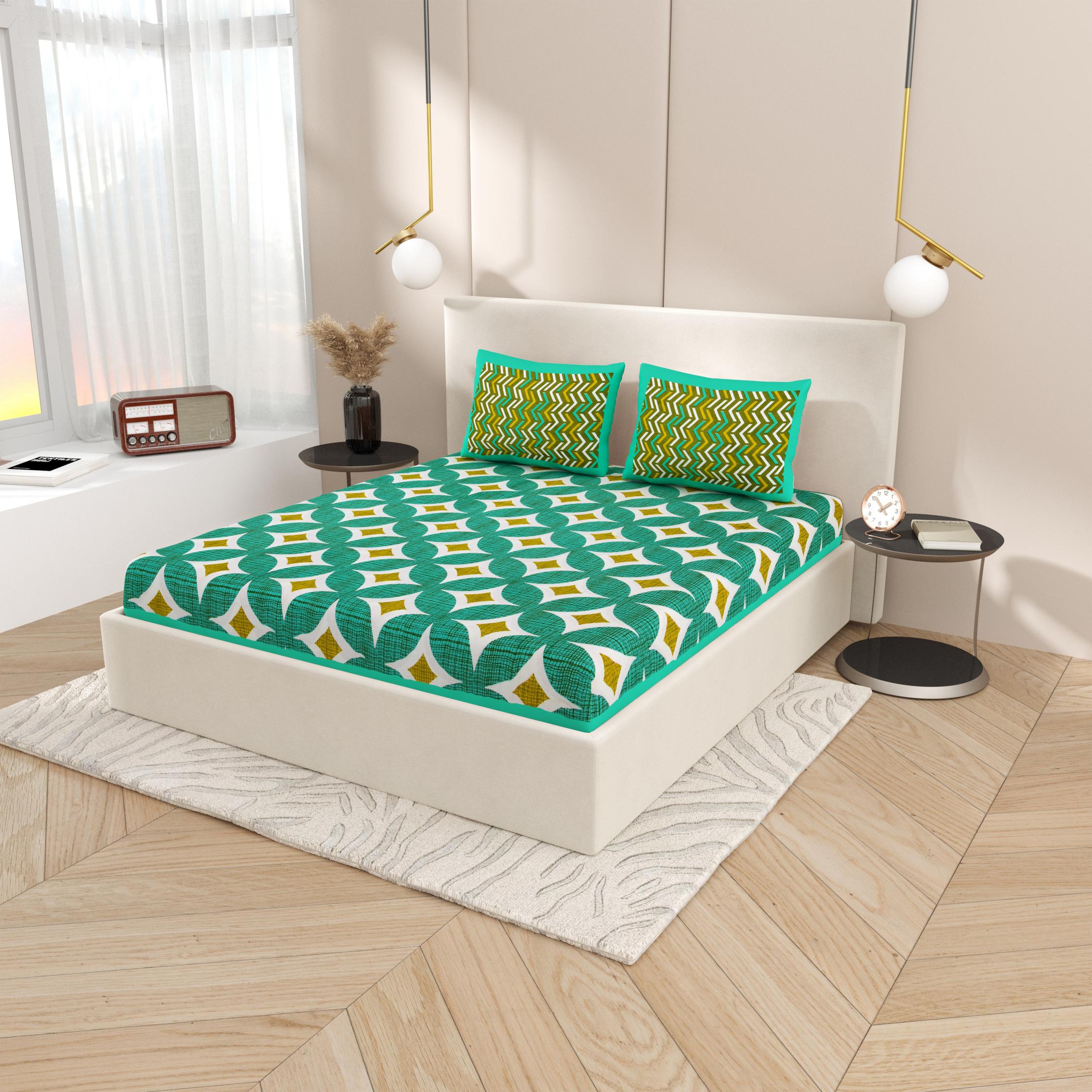 Lali Prints Green Block Printed Cotton 130 TC Queen Bedsheet with 2 Pillow Covers view 2